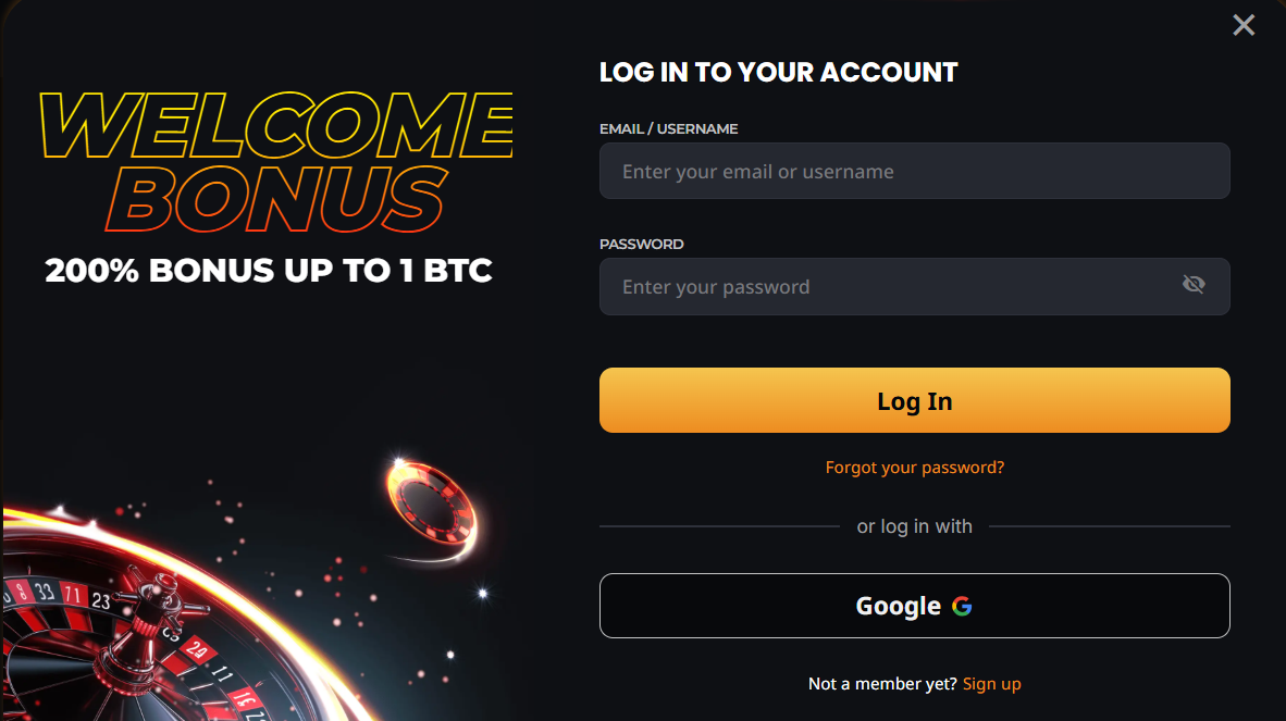 Online casino login page with welcome bonus offer of 200% up to 1 BTC, secure account access, and Google sign-in option.
